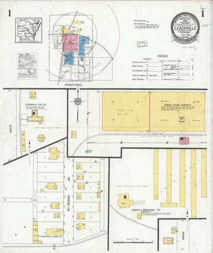 Sanborn Fire Insurance Map from Leachville, Mississippi County, Arkansas (1926), Sheet #0001 - Complete Map Set gallery image, historic Sanborn map, vintage wall art, Leachville Mississippi