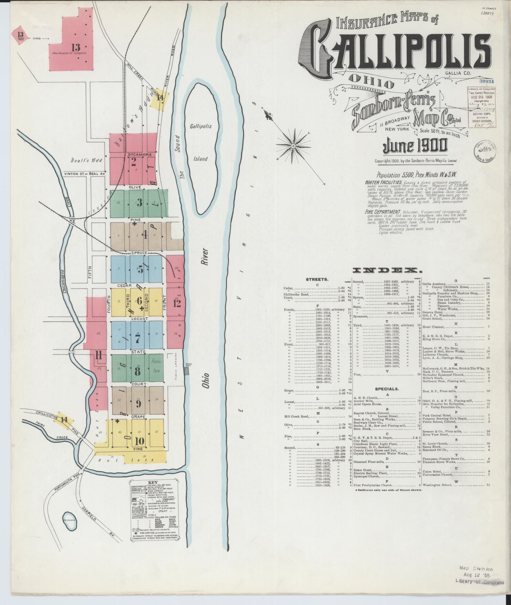 Sanborn Fire Insurance Map from Gallipolis, Gallia County, Ohio (1900), Sheet #0001 - Historic Sanborn Fire Insurance Map Print, vintage old map wall art, antique decor, genealogy gift, Ohio Ohio map