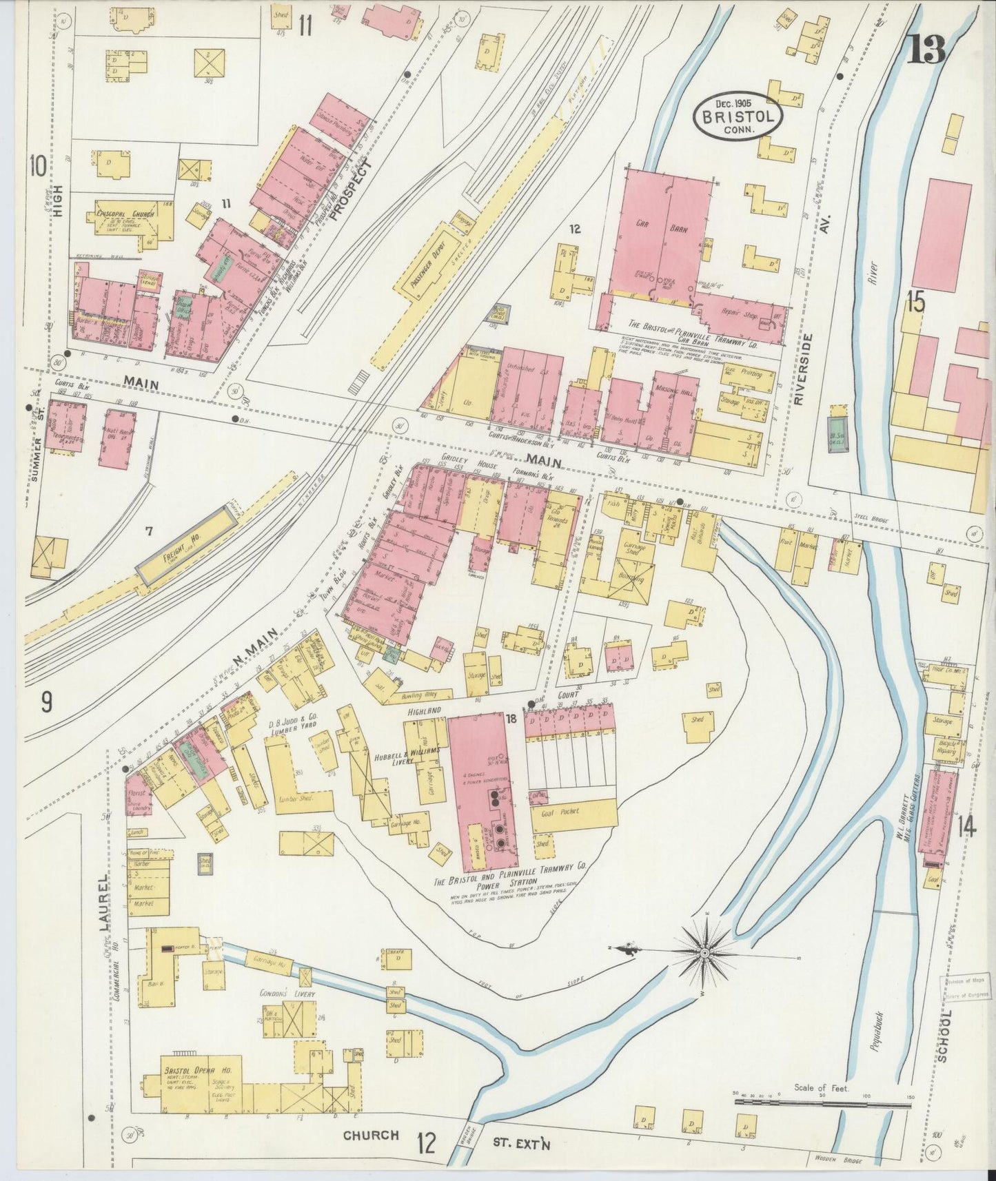 Sanborn Fire Insurance Map from Bristol, Hartford County, Connecticut (1905), Sheet #0013 - Historic Sanborn Fire Insurance Map Print, vintage old map wall art, antique decor, genealogy gift, Connecticut Connecticut map