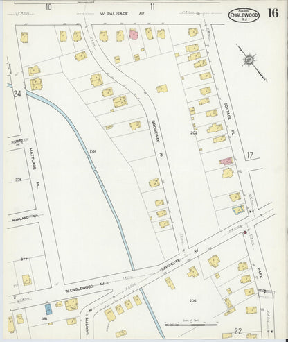 Sanborn Fire Insurance Map from Englewood, Bergen County, New Jersey (1915), Sheet #0016 - Historic Sanborn Fire Insurance Map Print, vintage old map wall art, antique decor, genealogy gift, New Jersey New Jersey map