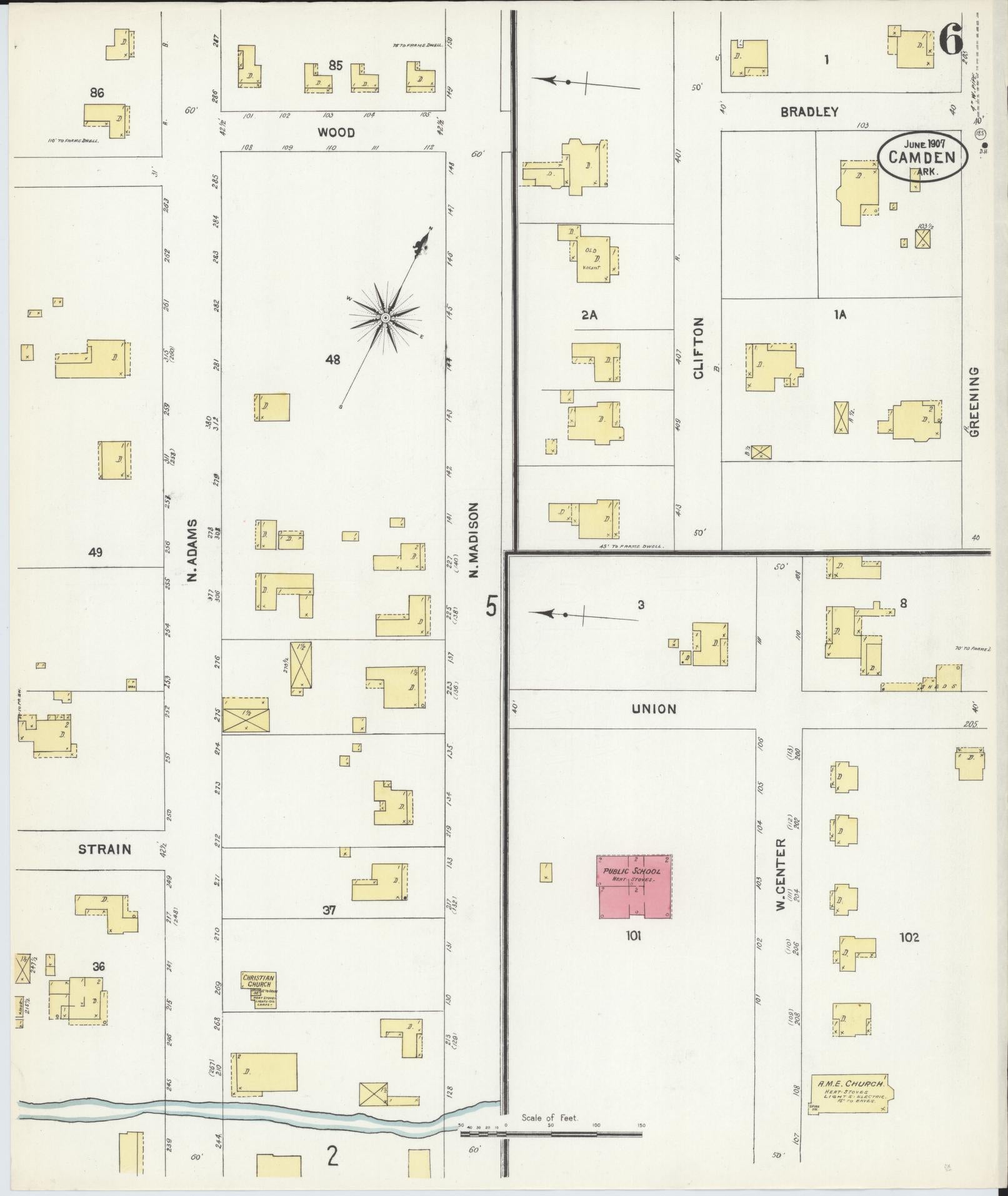 Sanborn Fire Insurance Map from Camden, Ouachita County, Arkansas (1907), Sheet #0006 - Historic Sanborn Fire Insurance Map Print, vintage old map wall art, antique decor, genealogy gift, Arkansas Arkansas map