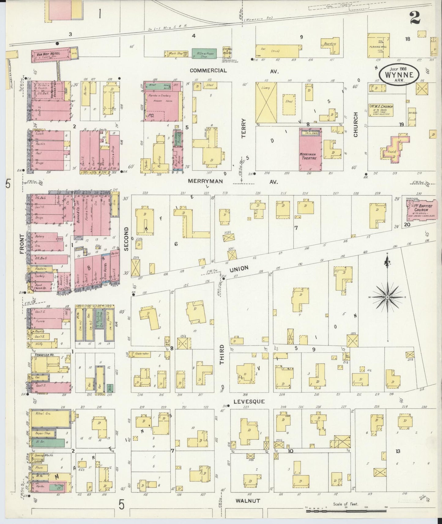 Sanborn Fire Insurance Map from Wynne, Cross County, Arkansas (1908), Sheet #0002 - Complete Map Set gallery image, historic Sanborn map, vintage wall art, Arkansas Arkansas