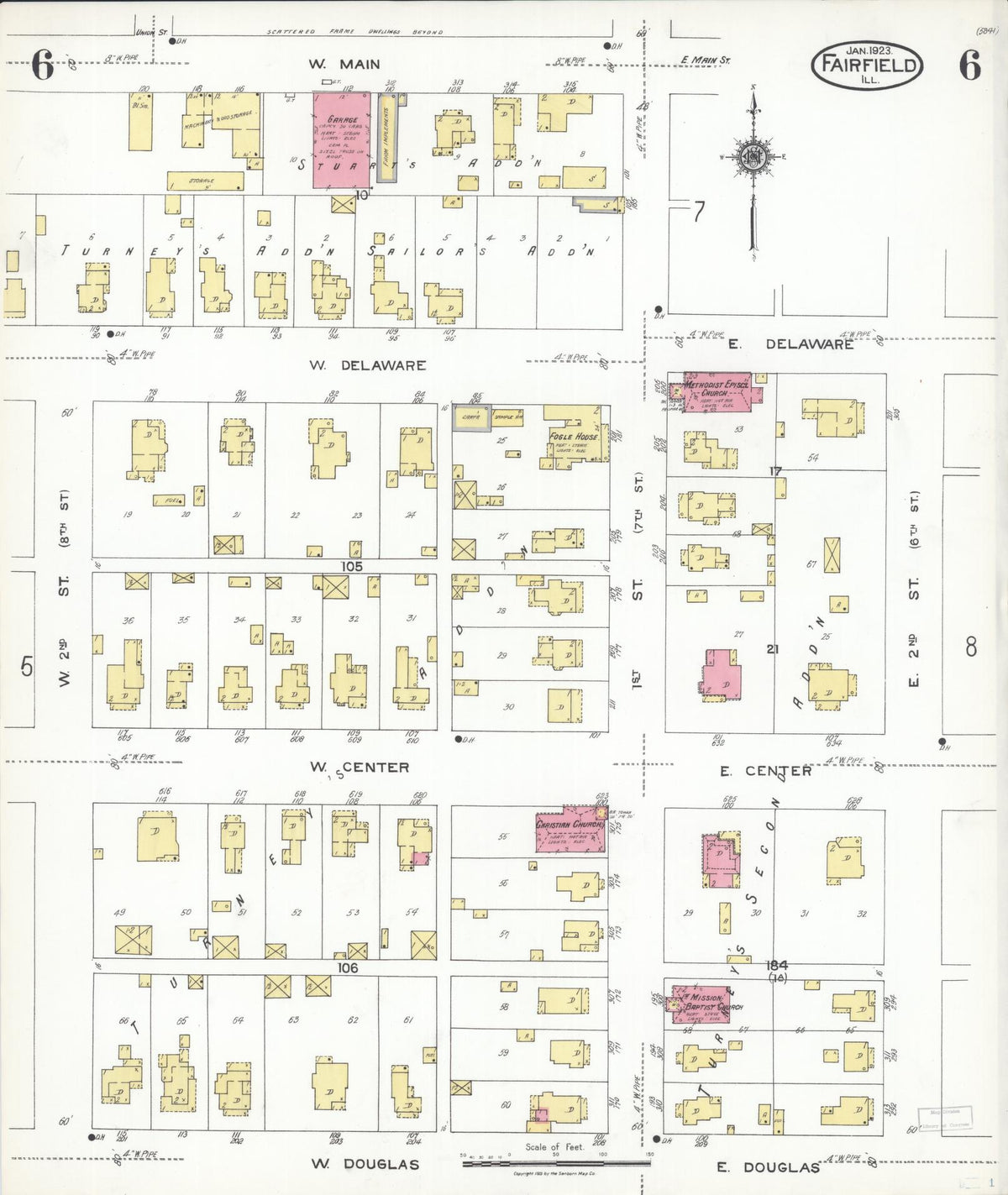 Sanborn Fire Insurance Map from Fairfield, Wayne County, Illinois (1923), Sheet #0006 - Historic Sanborn Fire Insurance Map Print, vintage old map wall art, antique decor, genealogy gift, Illinois Illinois map