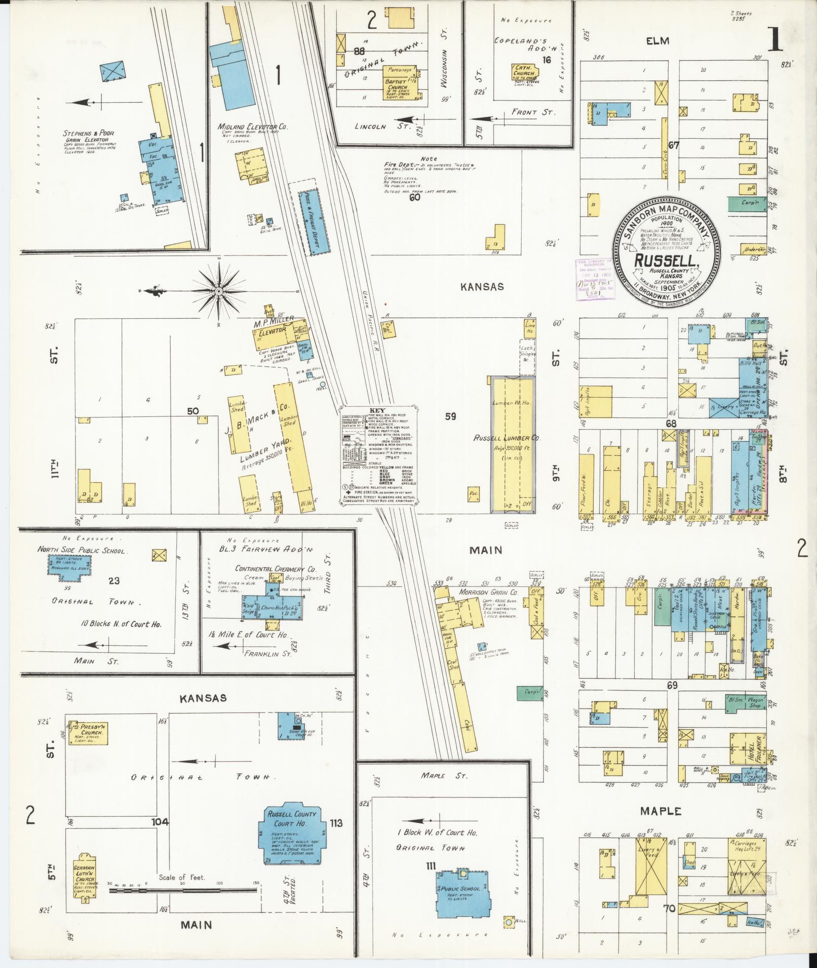 Sanborn Fire Insurance Map from Russell, Russell County, Kansas (1905), Sheet #0001 - Complete Map Set gallery image, historic Sanborn map, vintage wall art, Kansas Kansas