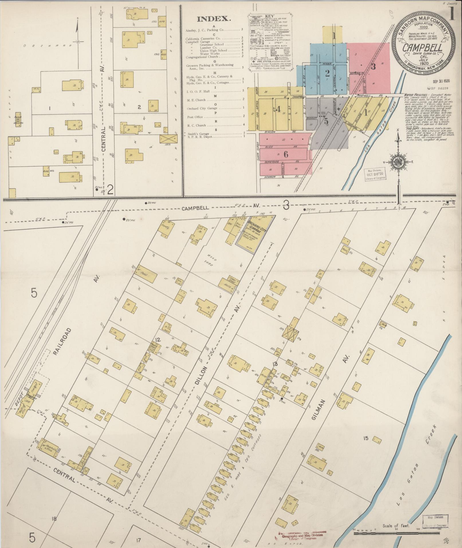 Sanborn Fire Insurance Map from Campbell, Santa Clara County, California (1920), Sheet #0001 - Complete Map Set gallery image, historic Sanborn map, vintage wall art, California California
