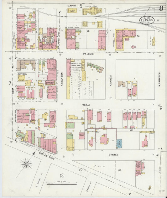 Sanborn Fire Insurance Map from El Paso, El Paso County, Texas (1898), Sheet #0008 - Historic Sanborn Fire Insurance Map Print, vintage old map wall art, antique decor, genealogy gift, Texas Texas map