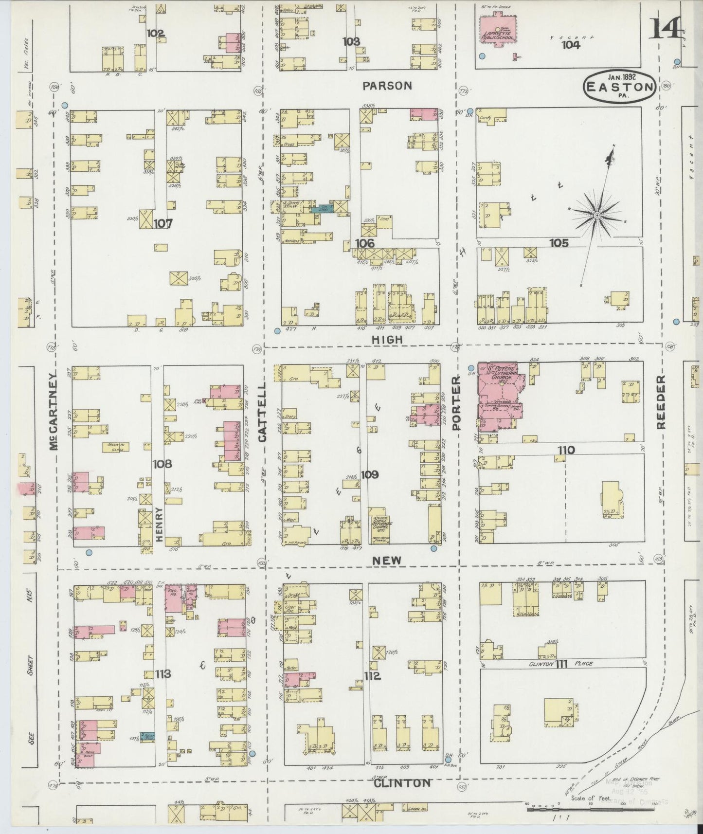 Sanborn Fire Insurance Map from Easton, Northampton County, Pennsylvania (1892), Sheet #0014 - Historic Sanborn Fire Insurance Map Print, vintage old map wall art, antique decor, genealogy gift, Pennsylvania Pennsylvania map