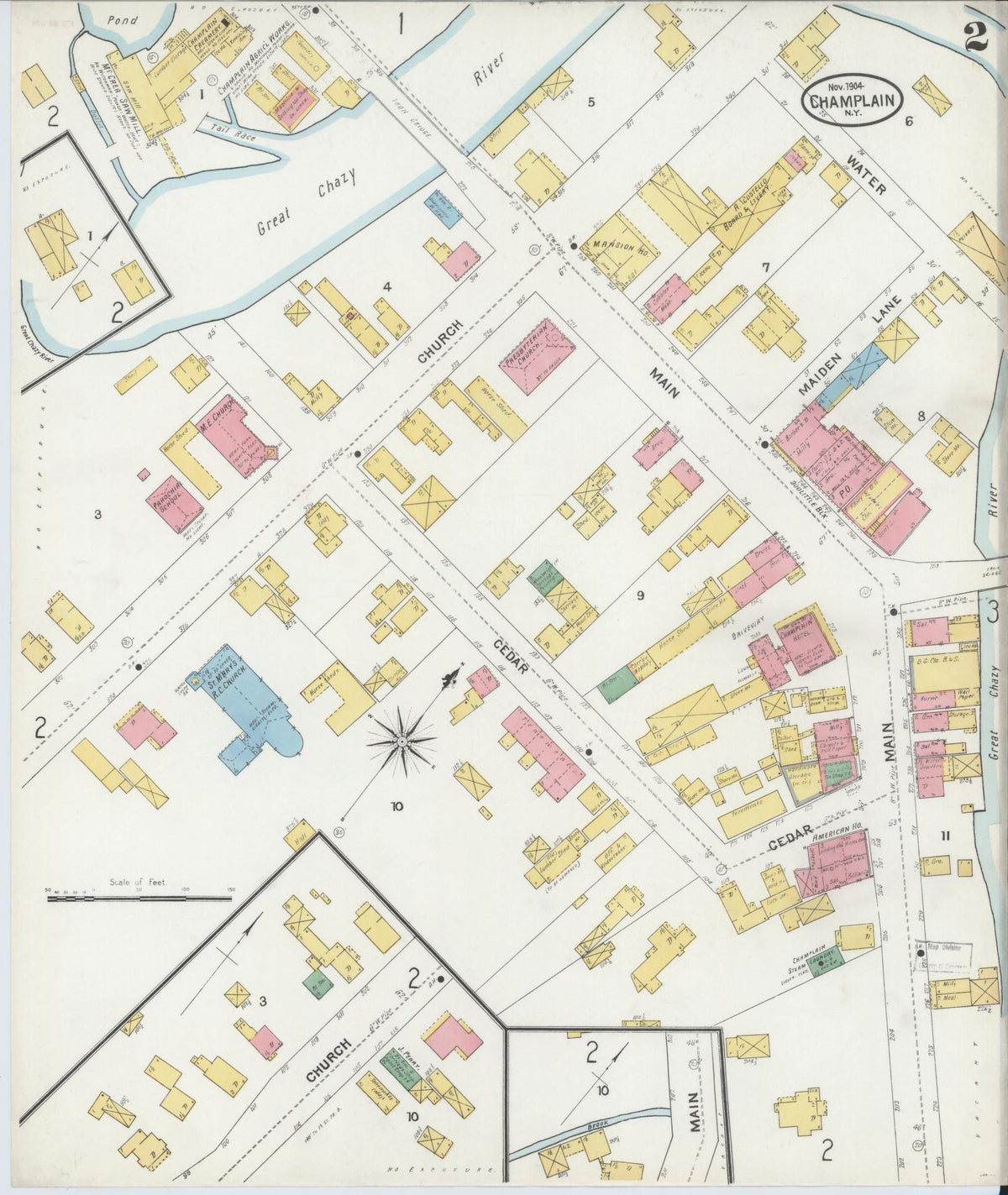 Sanborn Fire Insurance Map from Champlain, Clinton County, New York (1904), Sheet #0002 - Historic Sanborn Fire Insurance Map Print, vintage old map wall art, antique decor, genealogy gift, New York New York map