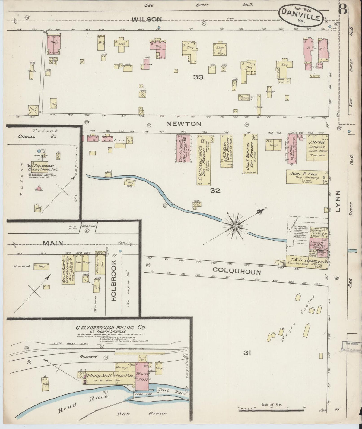 Sanborn Fire Insurance Map from Danville, Independent Cities, Virginia (1886), Sheet #0008 - Historic Sanborn Fire Insurance Map Print, vintage old map wall art, antique decor, genealogy gift, Virginia Virginia map