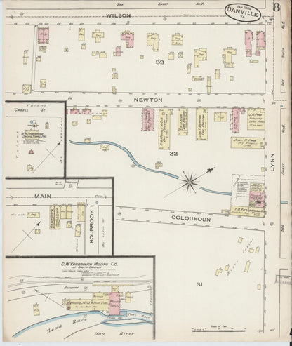 Sanborn Fire Insurance Map from Danville, Independent Cities, Virginia (1886), Sheet #0008 - Historic Sanborn Fire Insurance Map Print, vintage old map wall art, antique decor, genealogy gift, Virginia Virginia map