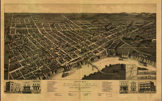 Perspective map of Selma, Ala. county seat of Dallas County 1887. (1887) – Historic Bird’s-Eye View Panorama Print