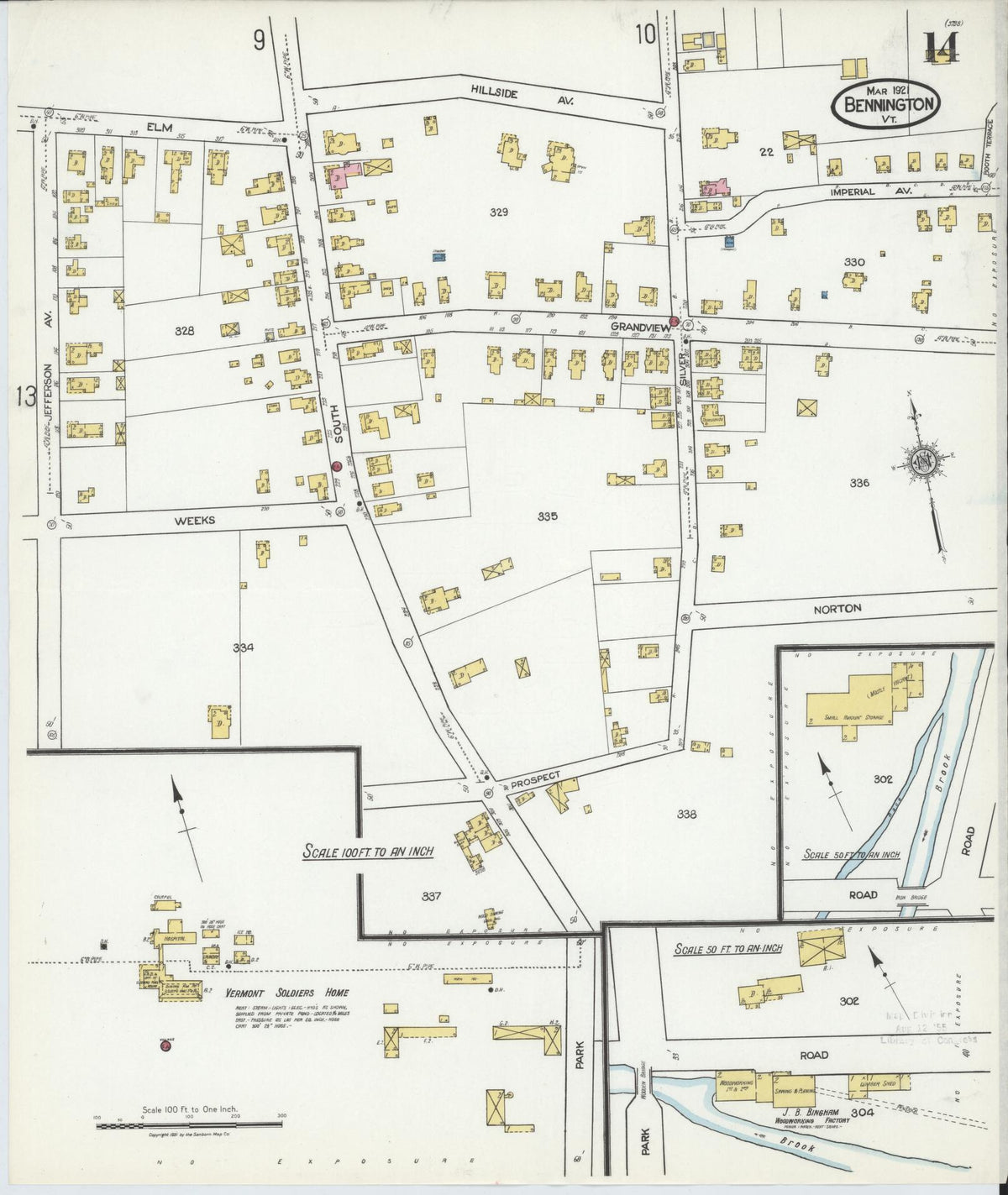 Sanborn Fire Insurance Map from Bennington, Bennington County, Vermont (1921), Sheet #0014 - Complete Map Set gallery image, historic Sanborn map, vintage wall art, Vermont Vermont
