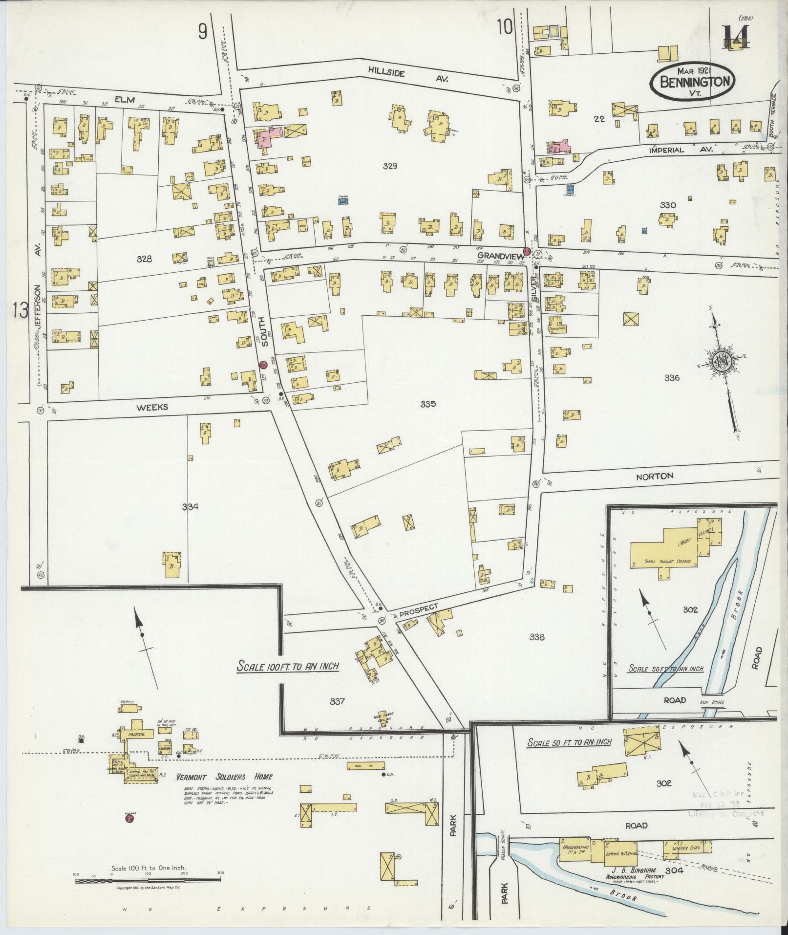 Sanborn Fire Insurance Map from Bennington, Bennington County, Vermont (1921), Sheet #0014 - Complete Map Set gallery image, historic Sanborn map, vintage wall art, Vermont Vermont