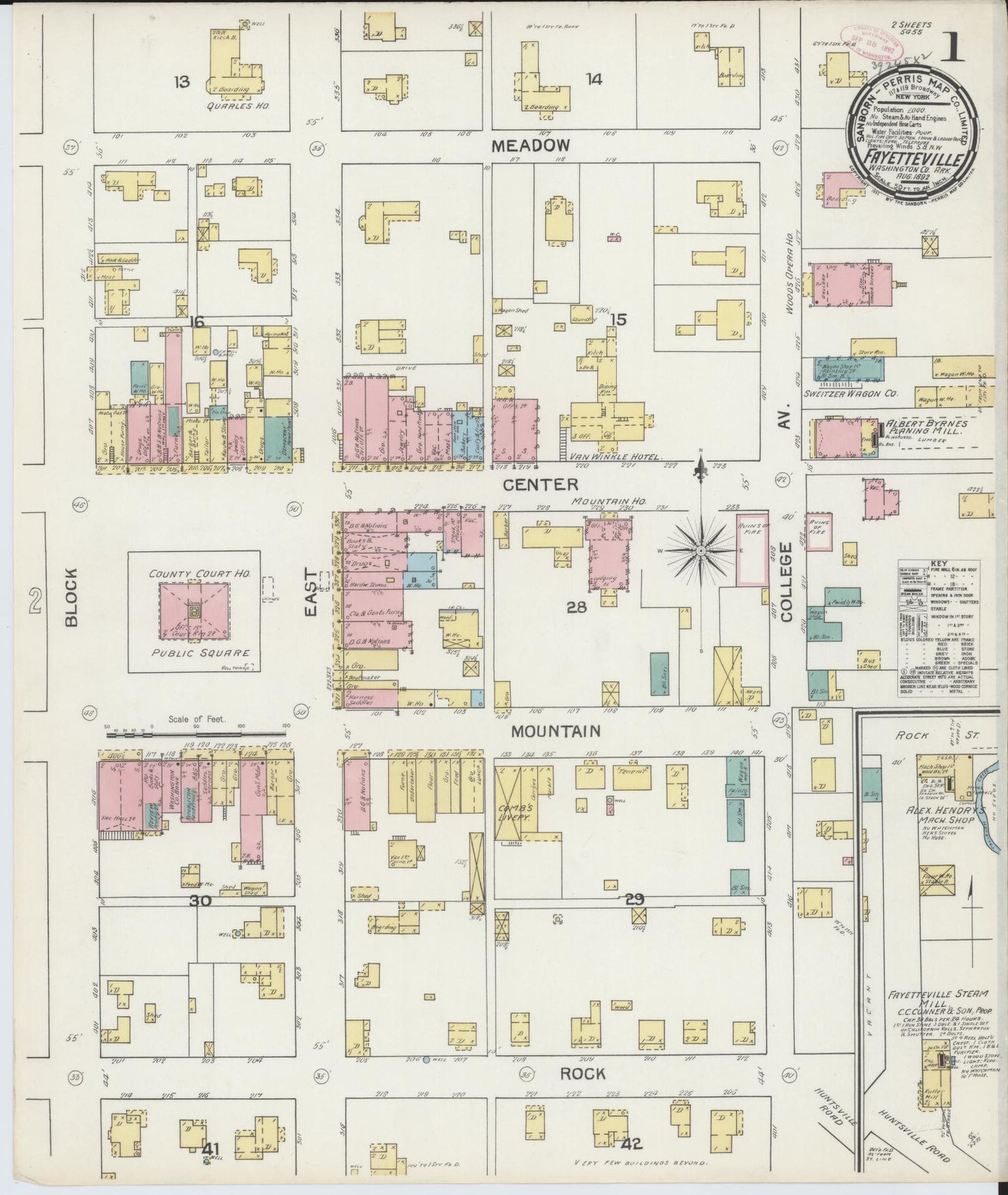 Sanborn Fire Insurance Map from Fayetteville, Washington County, Arkansas (1892), Sheet #0001 - Historic Sanborn Fire Insurance Map Print, vintage old map wall art, antique decor, genealogy gift, Arkansas Arkansas map