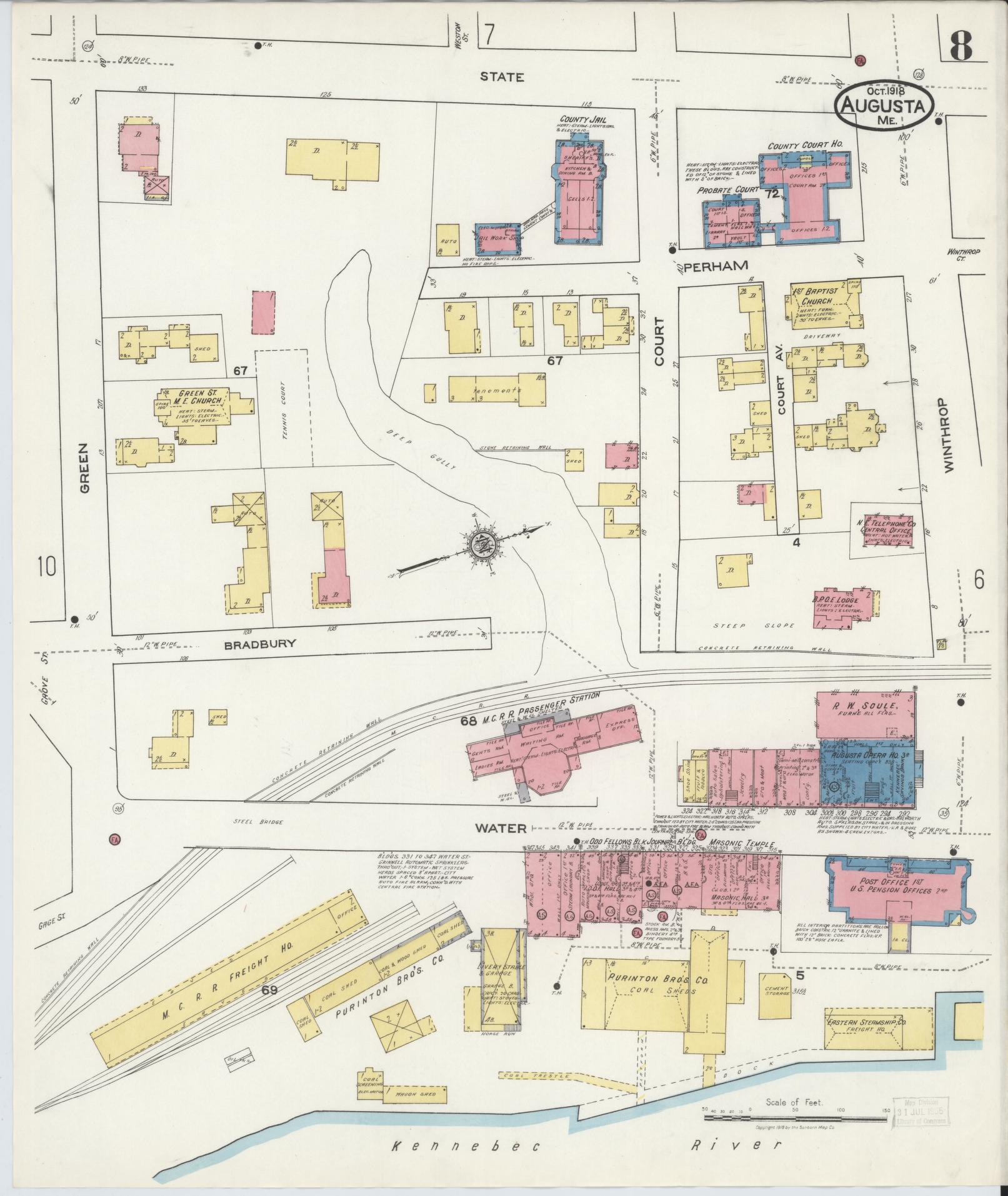 Sanborn Fire Insurance Map from Augusta, Kennebec County, Maine (1918), Sheet #0008 - Complete Map Set gallery image, historic Sanborn map, vintage wall art, Maine Maine