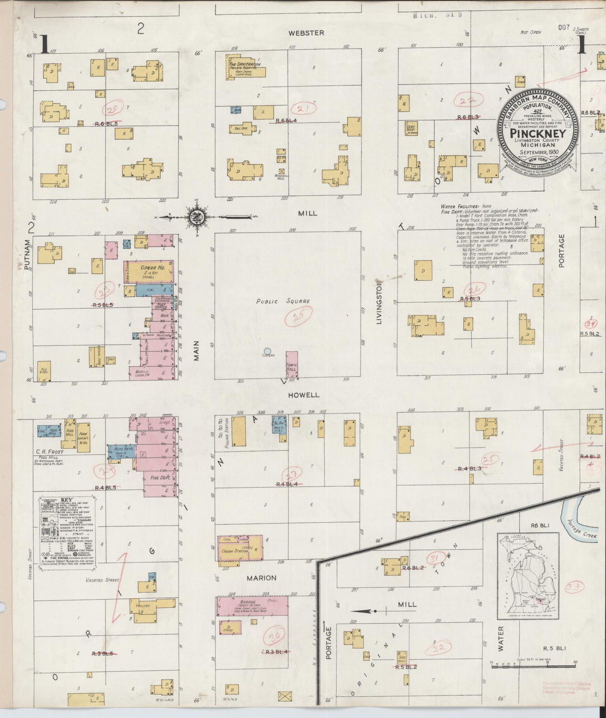 Sanborn Fire Insurance Map from Pinckney, Livingston County, Michigan (1930), Sheet #0001 - Historic Sanborn Fire Insurance Map Print, vintage old map wall art, antique decor, genealogy gift, Michigan Michigan map