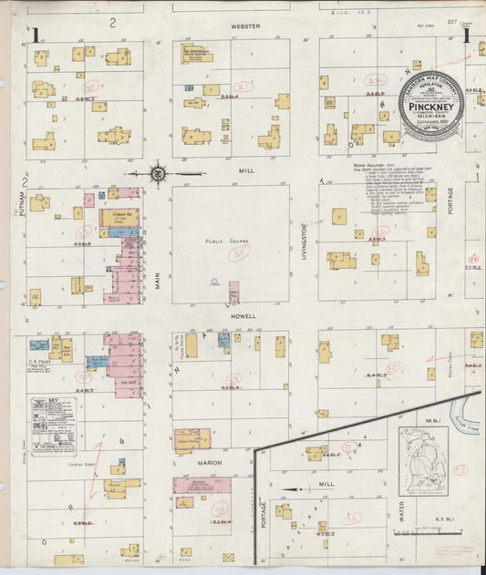 Sanborn Fire Insurance Map from Pinckney, Livingston County, Michigan (1930), Sheet #0001 - Historic Sanborn Fire Insurance Map Print, vintage old map wall art, antique decor, genealogy gift, Michigan Michigan map