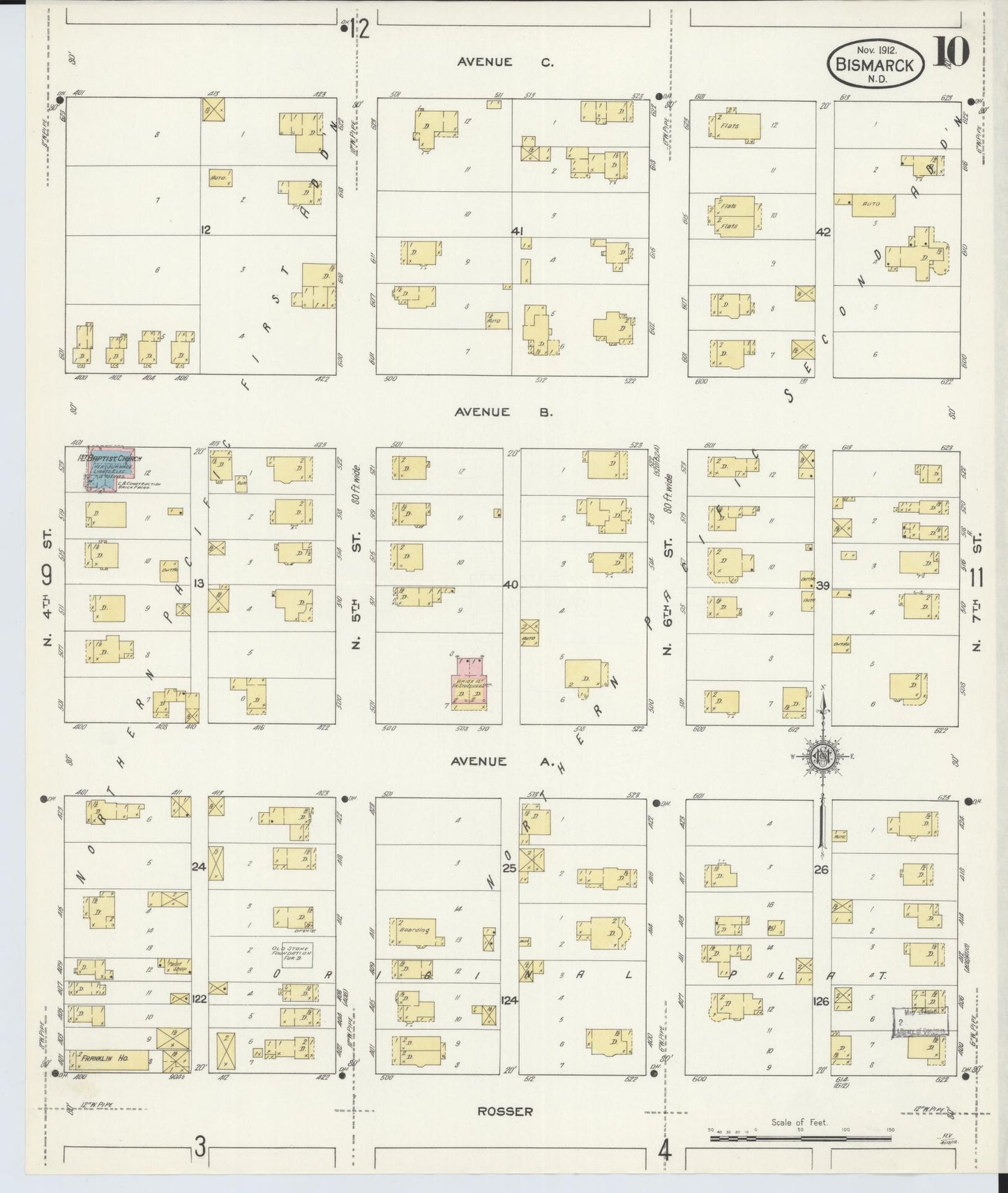 Sanborn Fire Insurance Map from Bismarck, Burleigh County, North Dakota (1912), Sheet #0010 - Complete Map Set gallery image, historic Sanborn map, vintage wall art, North Dakota North Dakota