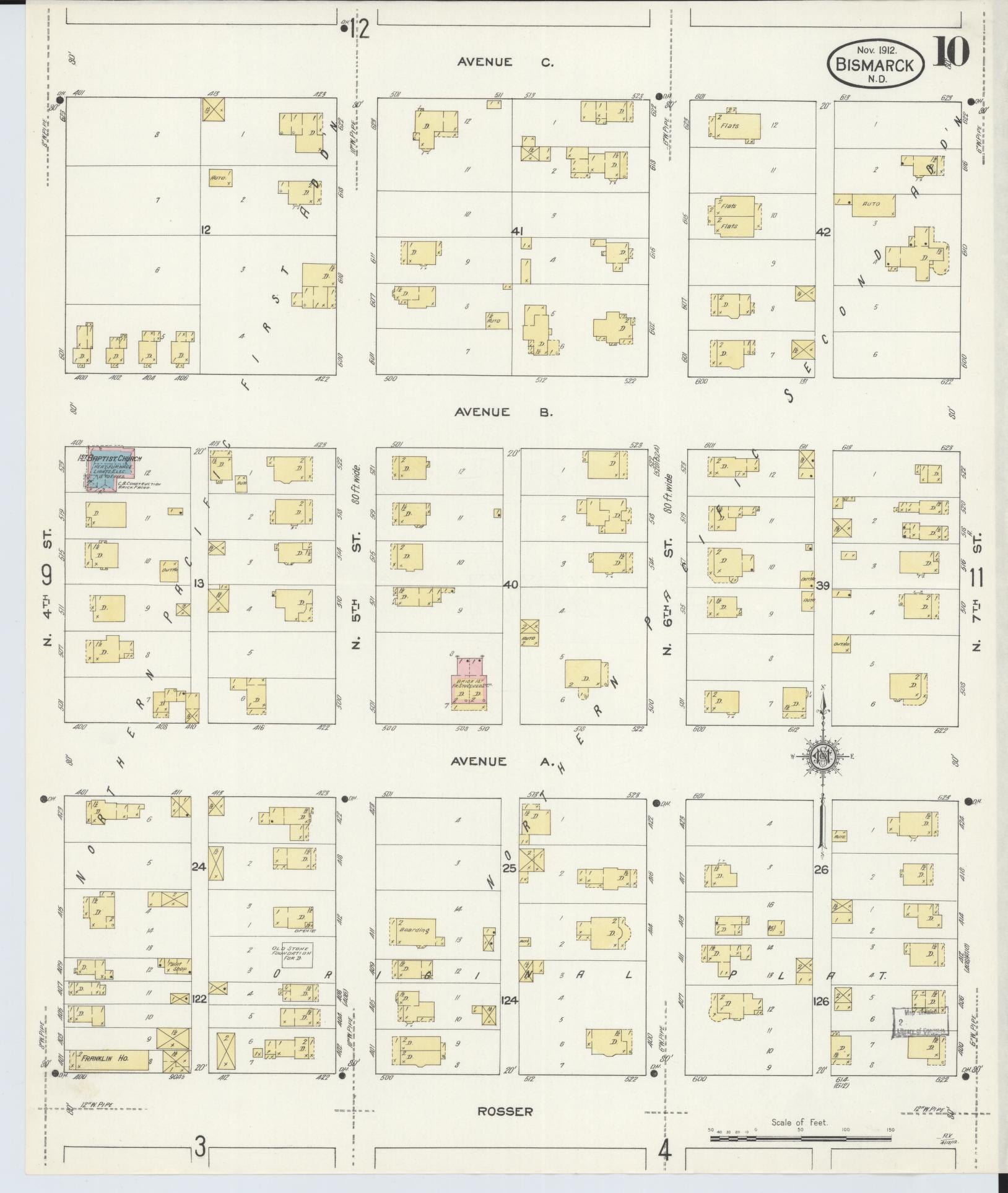 Sanborn Fire Insurance Map from Bismarck, Burleigh County, North Dakota (1912), Sheet #0010 - Complete Map Set gallery image, historic Sanborn map, vintage wall art, North Dakota North Dakota