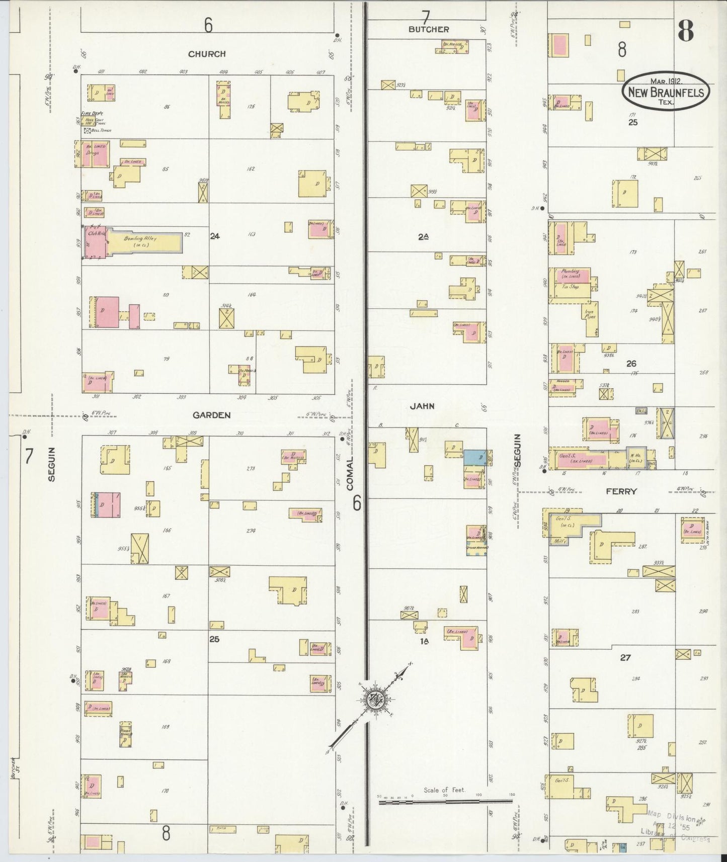 Sanborn Fire Insurance Map from New Braunfels, Comal County, Texas (1912), Sheet #0008 - Historic Sanborn Fire Insurance Map Print, vintage old map wall art, antique decor, genealogy gift, Texas Texas map