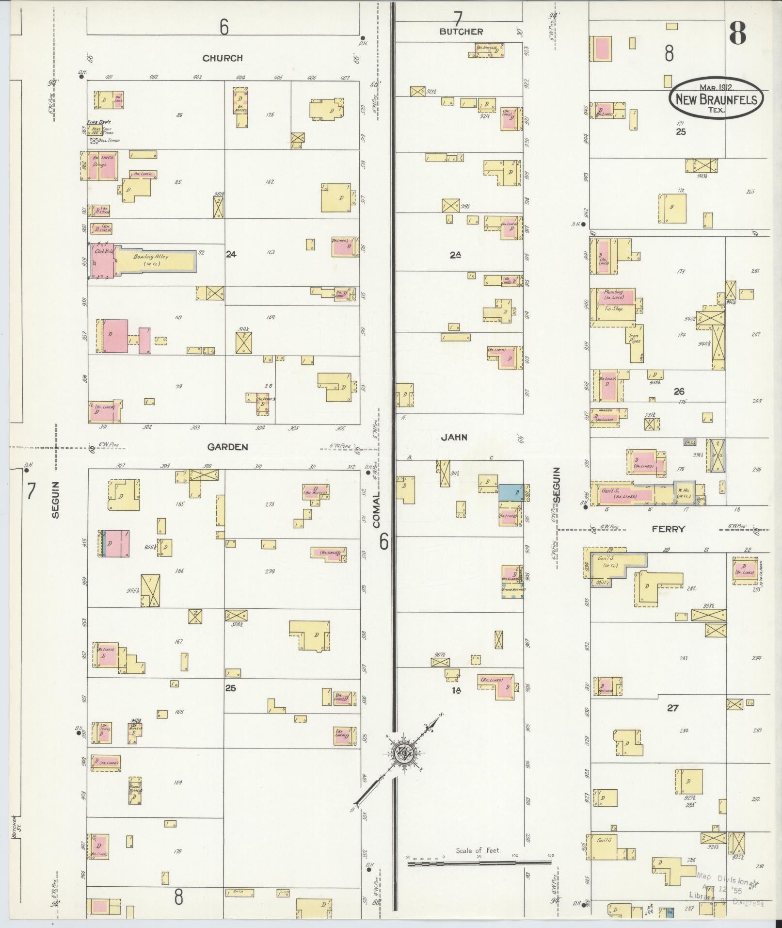 Sanborn Fire Insurance Map from New Braunfels, Comal County, Texas (1912), Sheet #0008 - Historic Sanborn Fire Insurance Map Print, vintage old map wall art, antique decor, genealogy gift, Texas Texas map