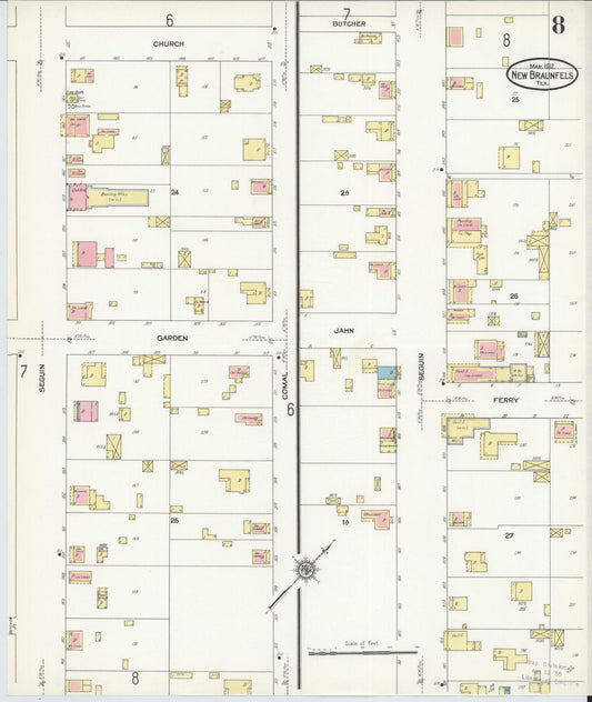 Sanborn Fire Insurance Map from New Braunfels, Comal County, Texas (1912), Sheet #0008 - Historic Sanborn Fire Insurance Map Print, vintage old map wall art, antique decor, genealogy gift, Texas Texas map