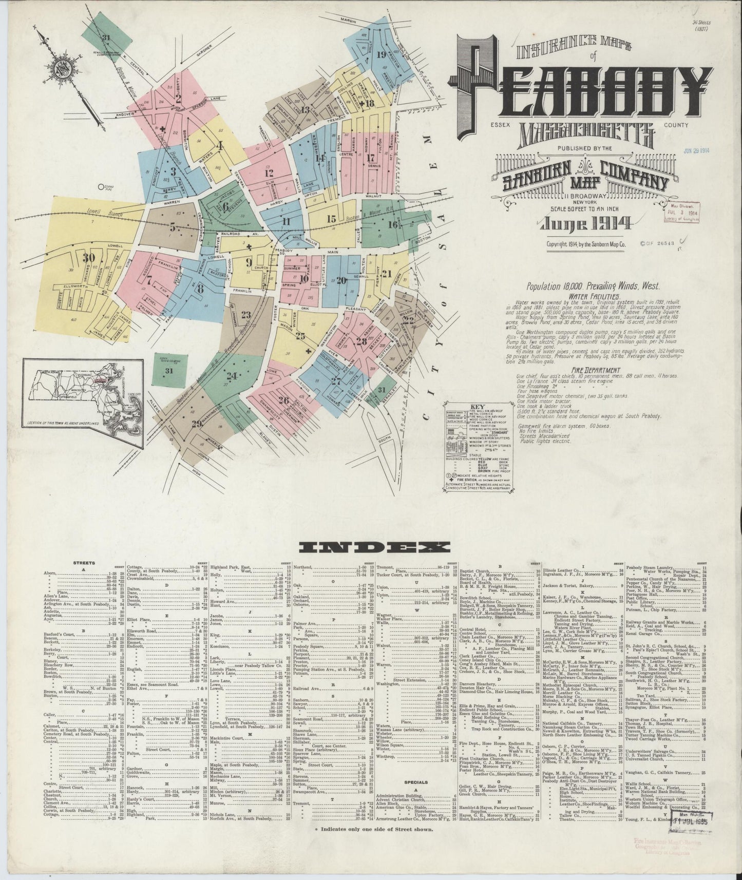 Sanborn Fire Insurance Map from Peabody, Essex County, Massachusetts (1914), Sheet #0001 - Complete Map Set gallery image, historic Sanborn map, vintage wall art, Massachusetts Massachusetts