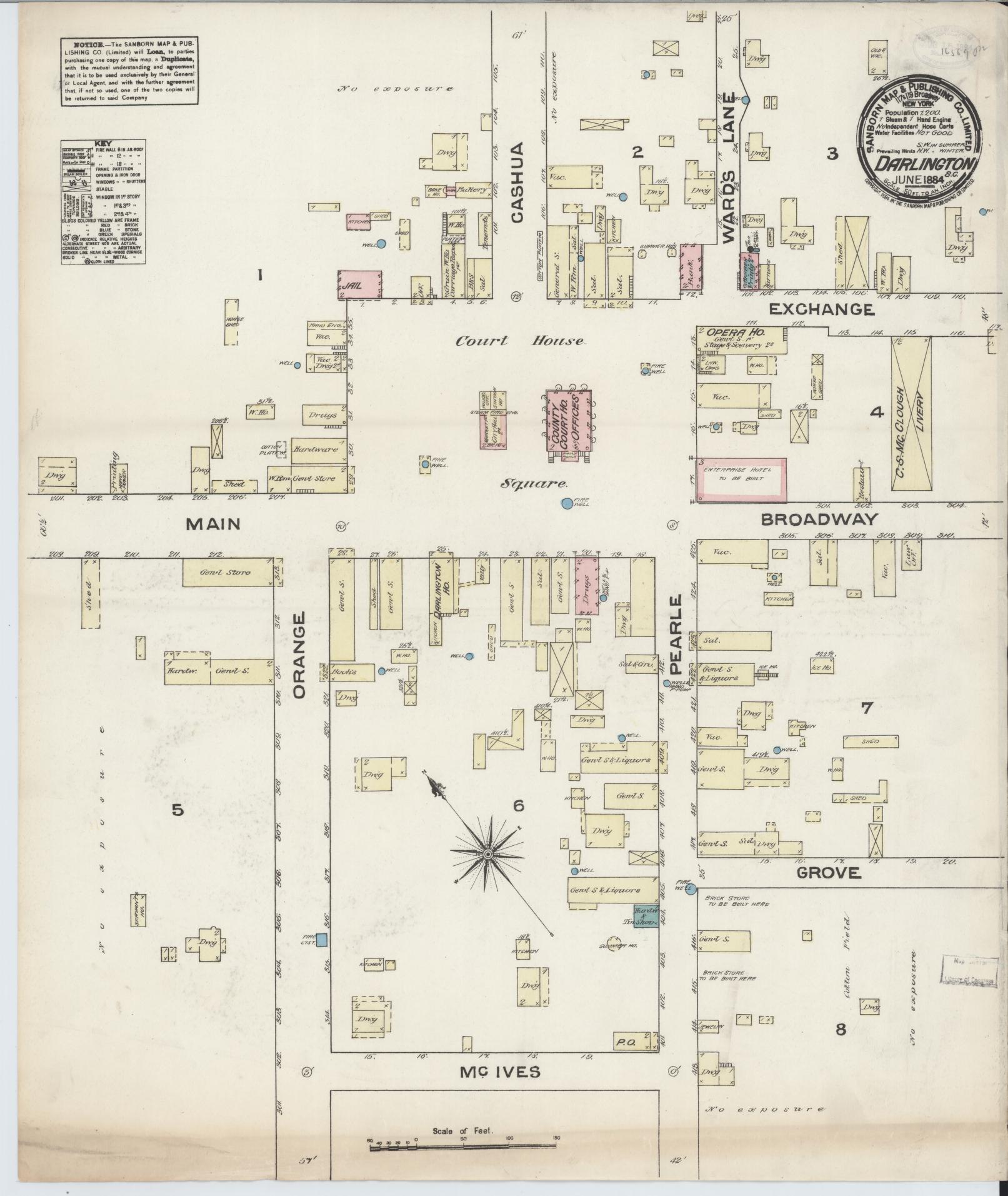 Sanborn Fire Insurance Map from Darlington, Darlington County, South Carolina (1884), Sheet #0001 - Historic Sanborn Fire Insurance Map Print, vintage old map wall art, antique decor, genealogy gift, South Carolina South Carolina map