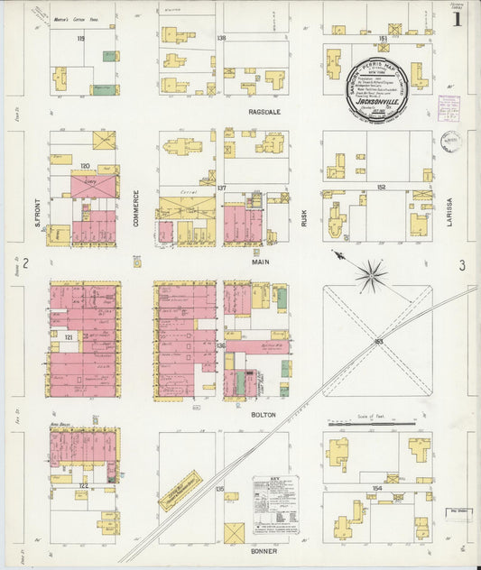 Sanborn Fire Insurance Map from Jacksonville, Cherokee County, Texas (1901), Sheet #0001 - Historic Sanborn Fire Insurance Map Print, vintage old map wall art, antique decor, genealogy gift, Texas Texas map