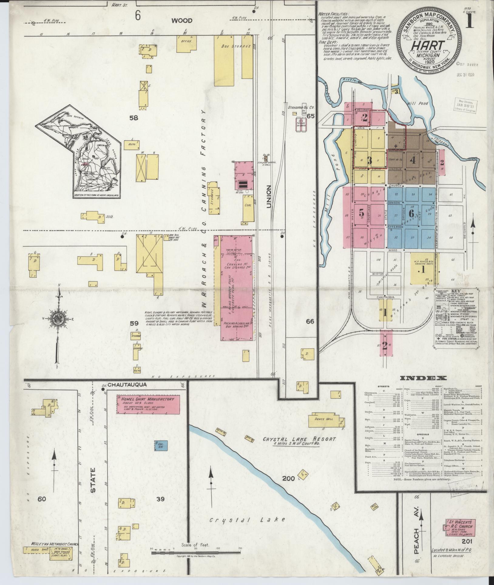 Sanborn Fire Insurance Map from Hart, Oceana County, Michigan (1920), Sheet #0001 - Complete Map Set gallery image, historic Sanborn map, vintage wall art, Michigan Michigan
