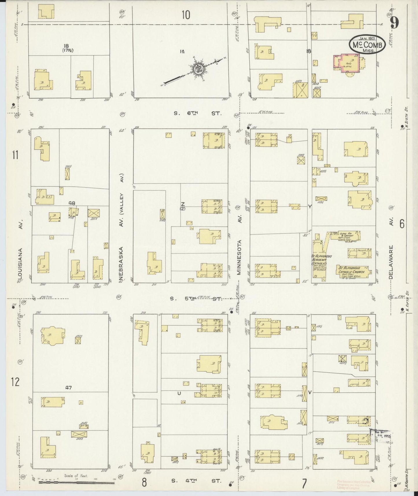 Sanborn Fire Insurance Map from McComb, Pike County, Mississippi (1913), Sheet #0009 - Complete Map Set gallery image, historic Sanborn map, vintage wall art, Mississippi Mississippi