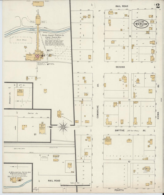 Sanborn Fire Insurance Map from Marlow, Stephens County, Oklahoma (1898), Sheet #0002 - Historic Sanborn Fire Insurance Map Print, vintage old map wall art, antique decor, genealogy gift, Oklahoma Oklahoma map