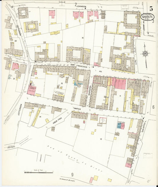 Sanborn Fire Insurance Map from Santa Fe, Santa Fe County, New Mexico (1913), Sheet #0005 - Historic Sanborn Fire Insurance Map Print, vintage old map wall art, antique decor, genealogy gift, New Mexico New Mexico map