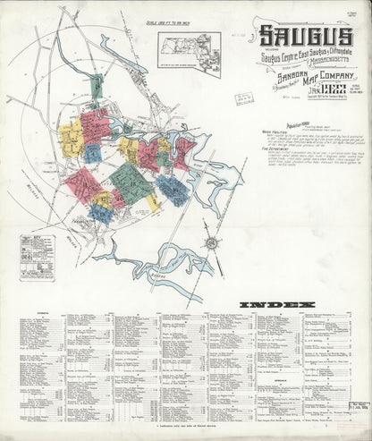 Sanborn Fire Insurance Map from Saugus, Essex County, Massachusetts (1922), Sheet #0001 - Historic Sanborn Fire Insurance Map Print, vintage old map wall art, antique decor, genealogy gift, Massachusetts Massachusetts map