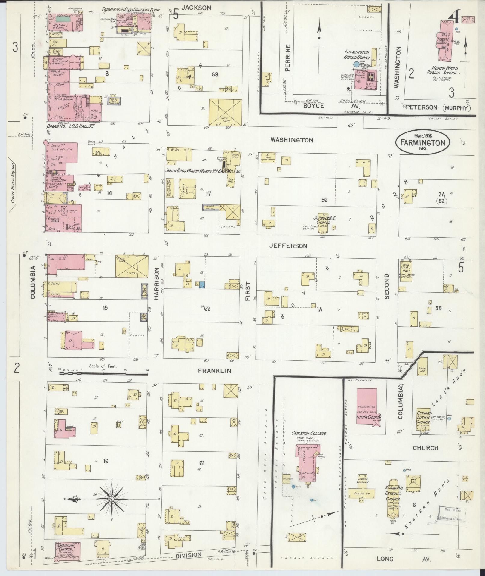 Sanborn Fire Insurance Map from Farmington, Saint Francois County, Missouri (1908), Sheet #0004 - Historic Sanborn Fire Insurance Map Print, vintage old map wall art, antique decor, genealogy gift, Missouri Missouri map