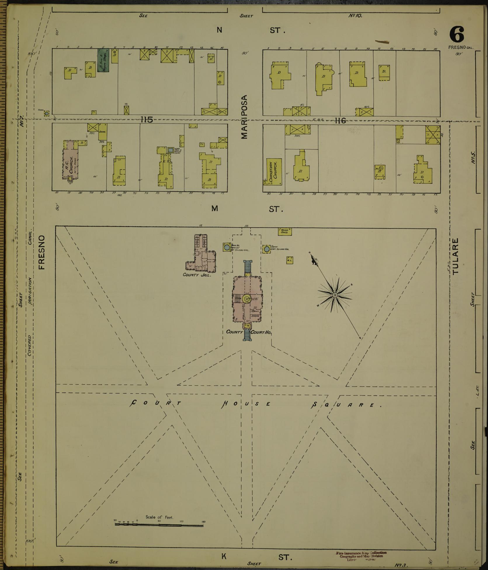 Sanborn Fire Insurance Map from Fresno, Fresno County, California (1888), Sheet #0006 - Historic Sanborn Fire Insurance Map Print, vintage old map wall art, antique decor, genealogy gift, California California map