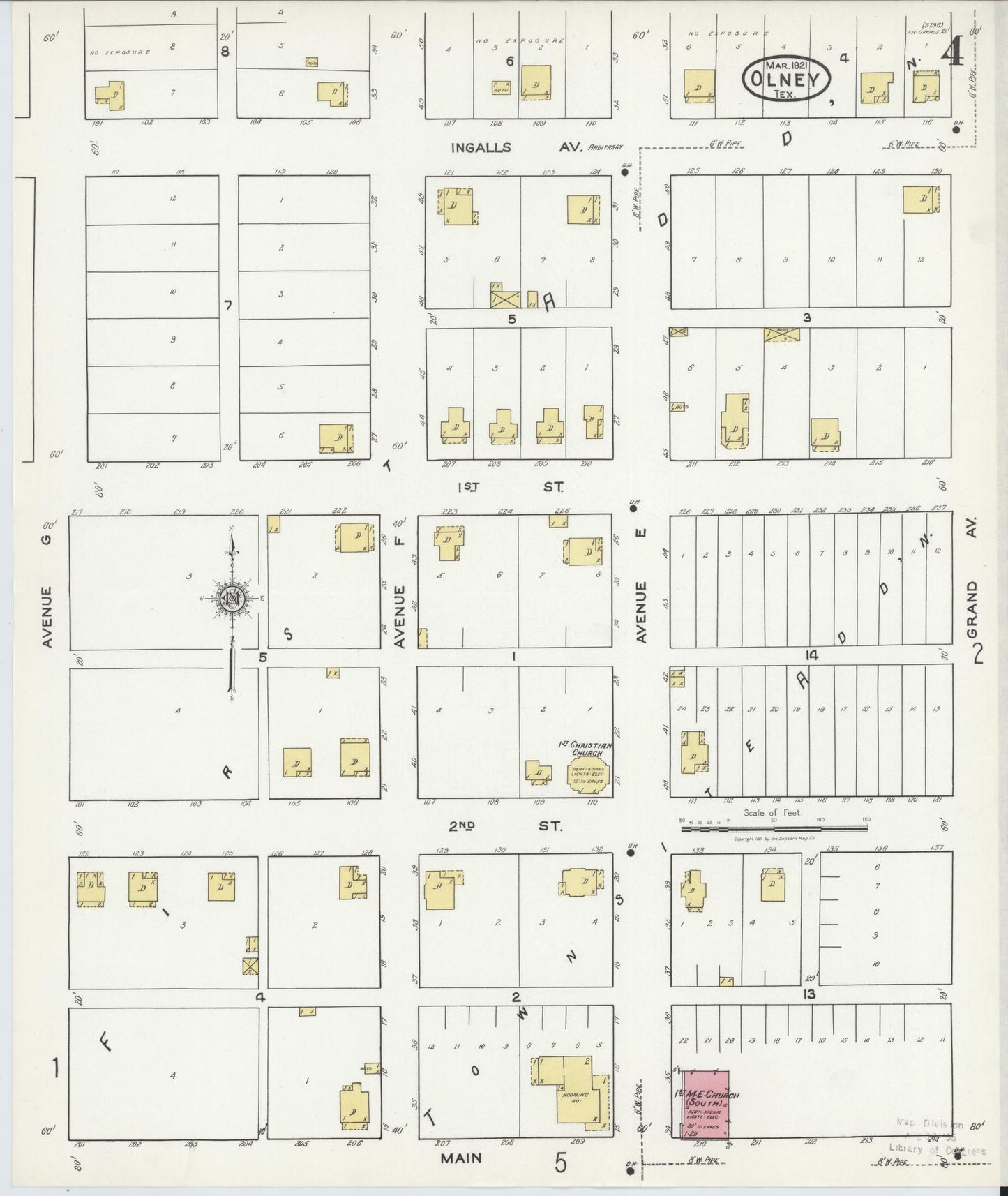 Sanborn Fire Insurance Map from Olney, Young County, Texas (1921), Sheet #0004 - Historic Sanborn Fire Insurance Map Print, vintage old map wall art, antique decor, genealogy gift, Texas Texas map