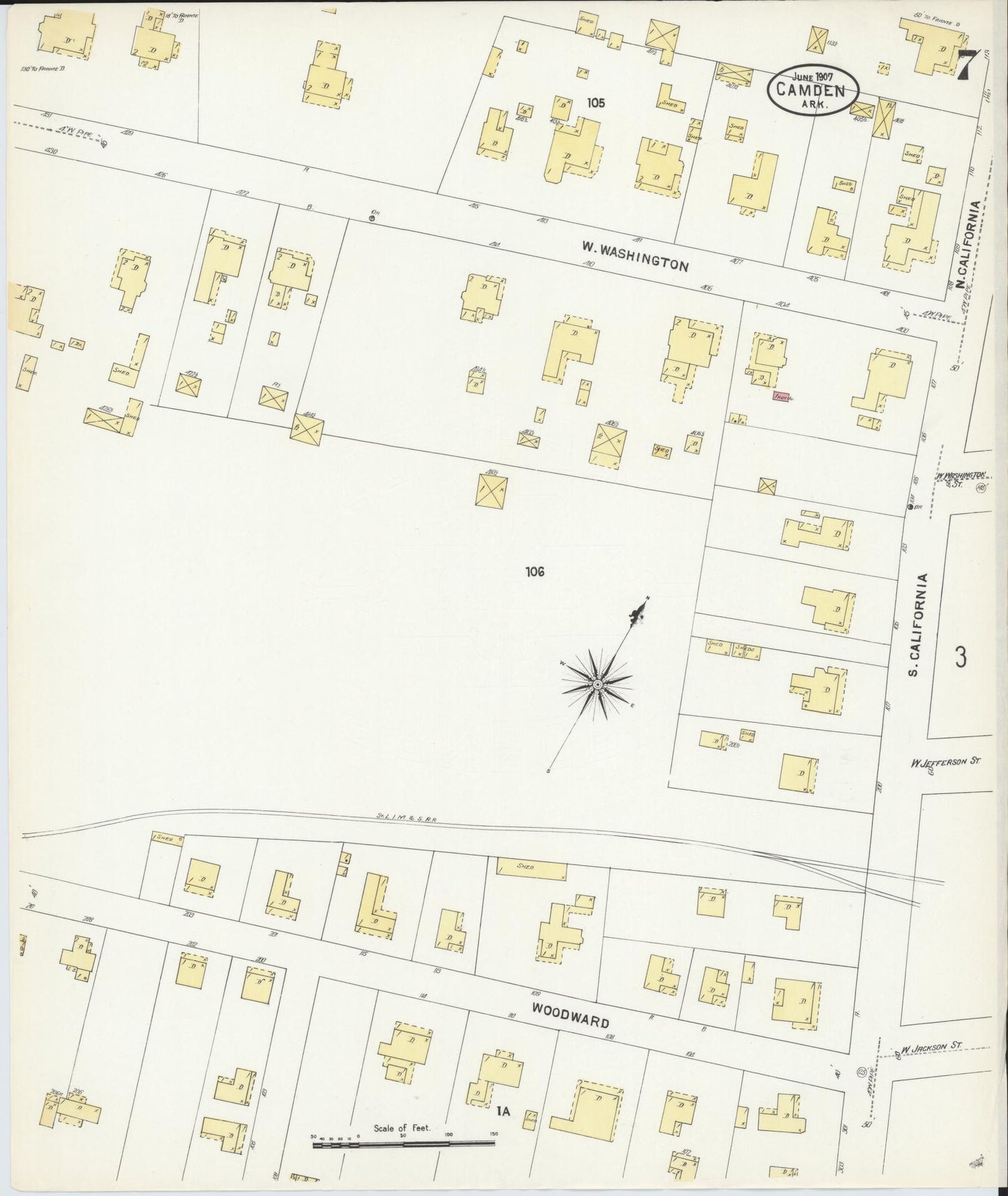 Sanborn Fire Insurance Map from Camden, Ouachita County, Arkansas (1907), Sheet #0007 - Historic Sanborn Fire Insurance Map Print, vintage old map wall art, antique decor, genealogy gift, Arkansas Arkansas map