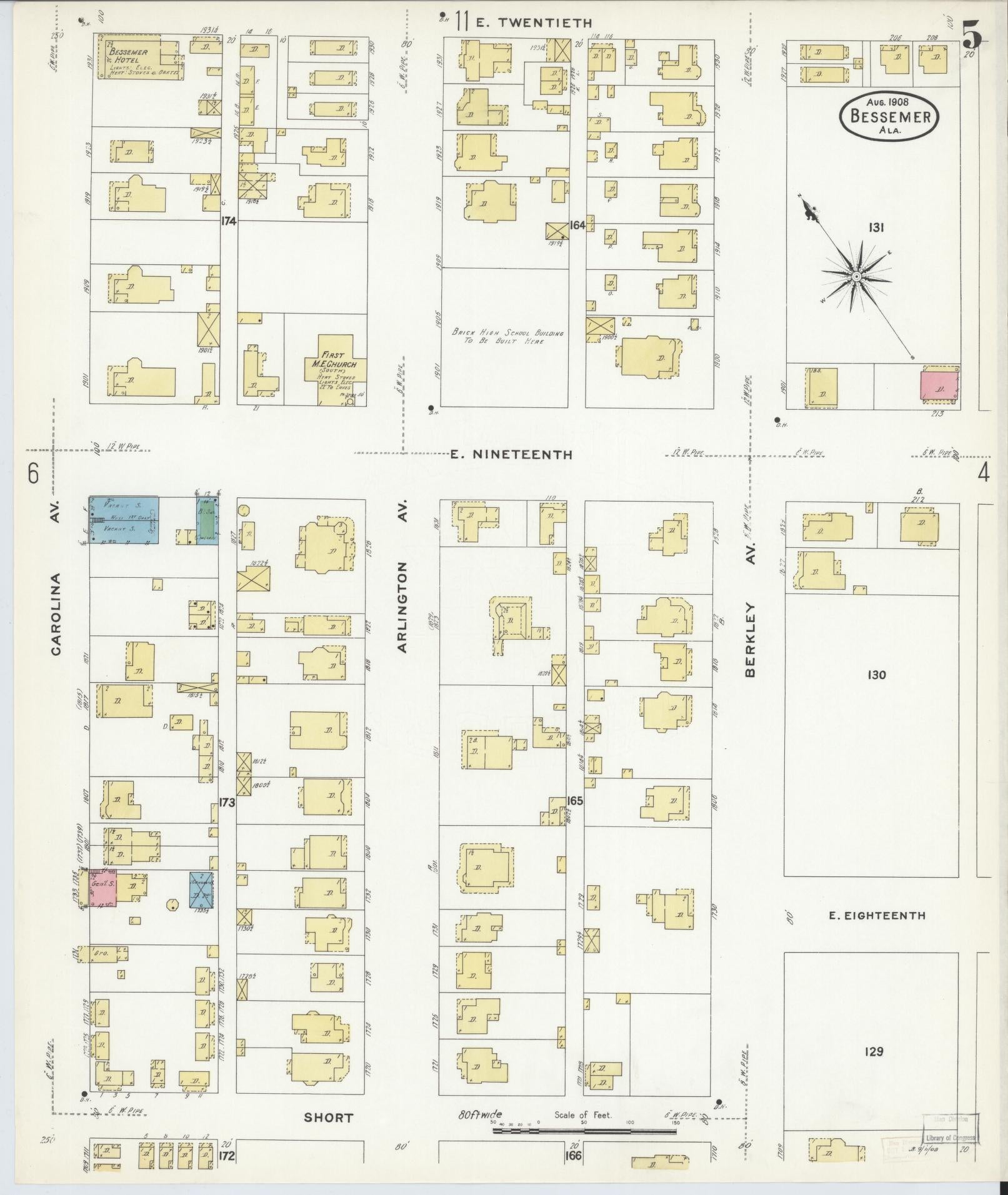Sanborn Fire Insurance Map from Bessemer, Jefferson County, Alabama (1908), Sheet #0005 - Complete Map Set gallery image, historic Sanborn map, vintage wall art, Alabama Alabama