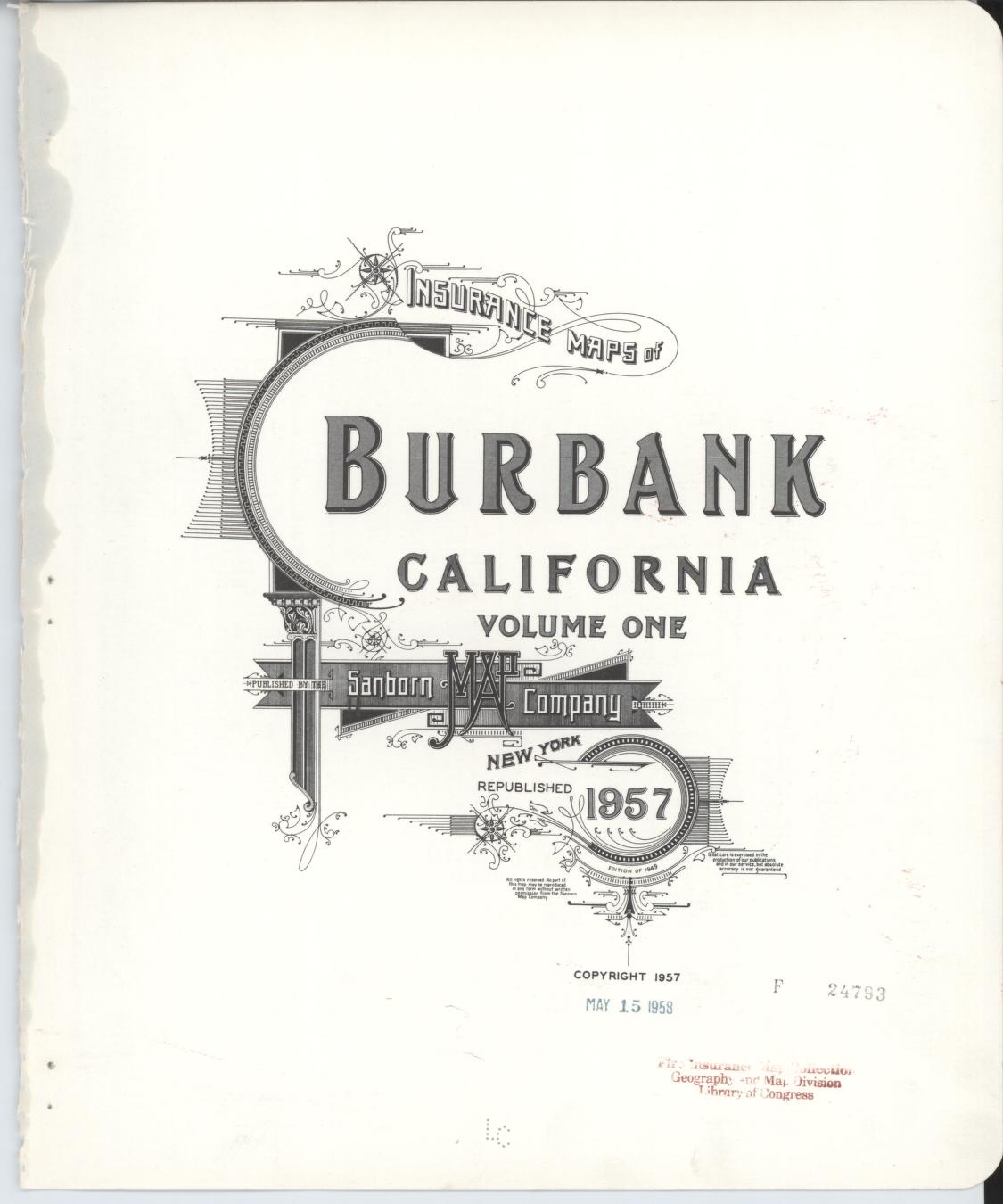Sanborn Fire Insurance Map from Burbank, Los Angeles County, California (1957), Sheet #0001 - Historic Sanborn Fire Insurance Map Print, vintage old map wall art, antique decor, genealogy gift, California California map