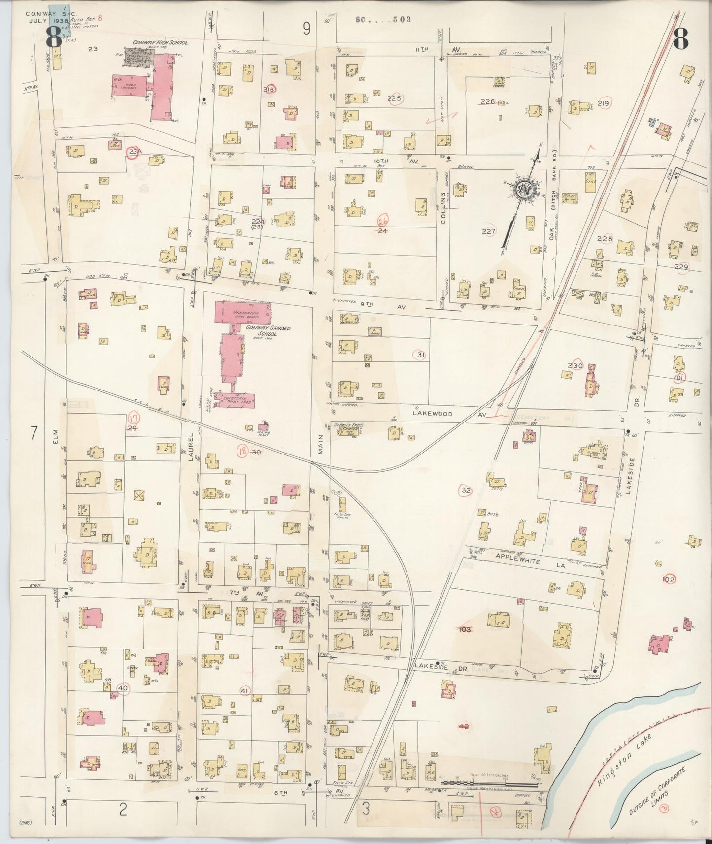 Sanborn Fire Insurance Map from Conway, Horry County, South Carolina (1949), Sheet #0008 - Complete Map Set gallery image, historic Sanborn map, vintage wall art, South Carolina South Carolina
