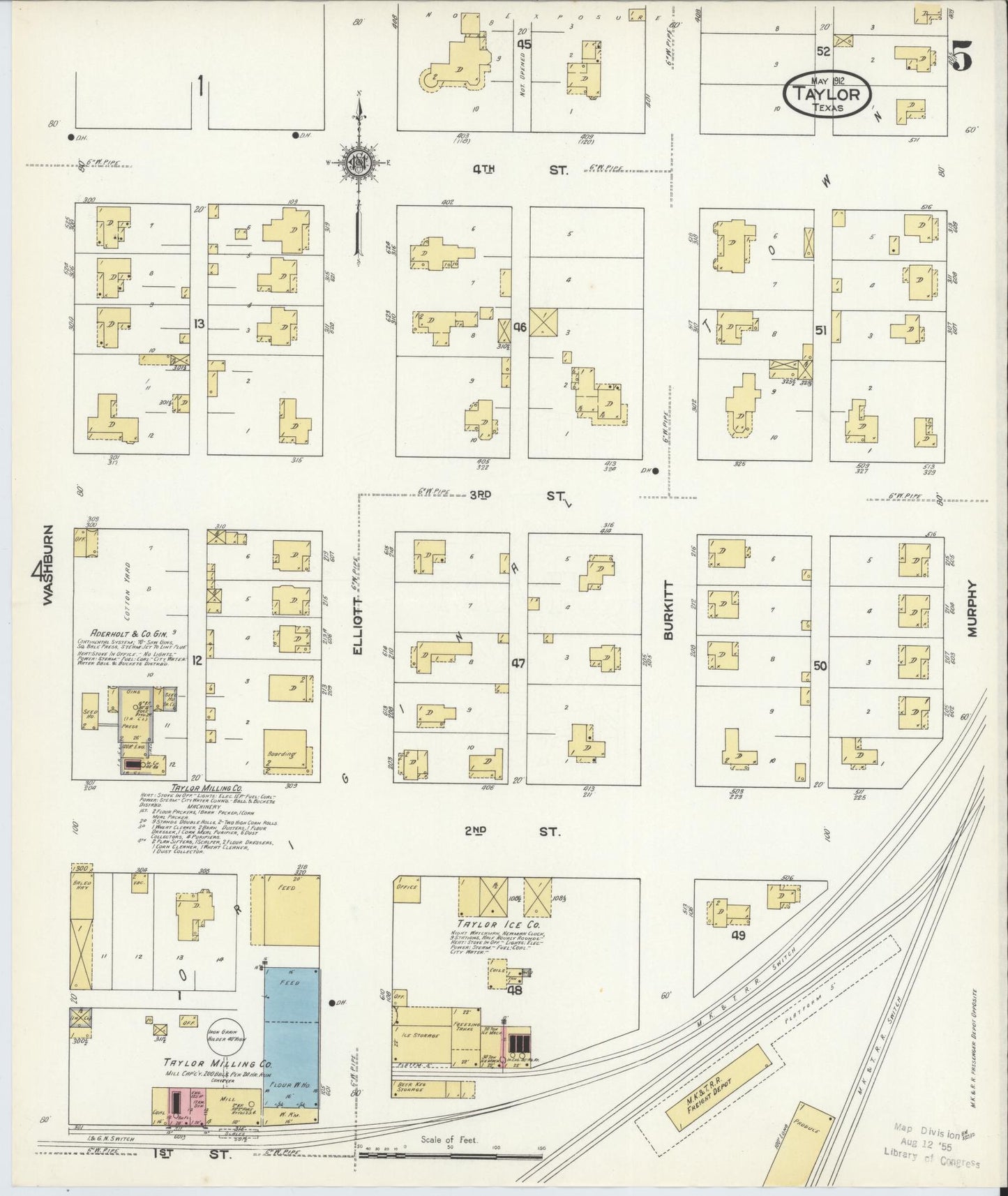 Sanborn Fire Insurance Map from Taylor, Williamson County, Texas (1912), Sheet #0005 - Complete Map Set gallery image, historic Sanborn map, vintage wall art, Texas Texas