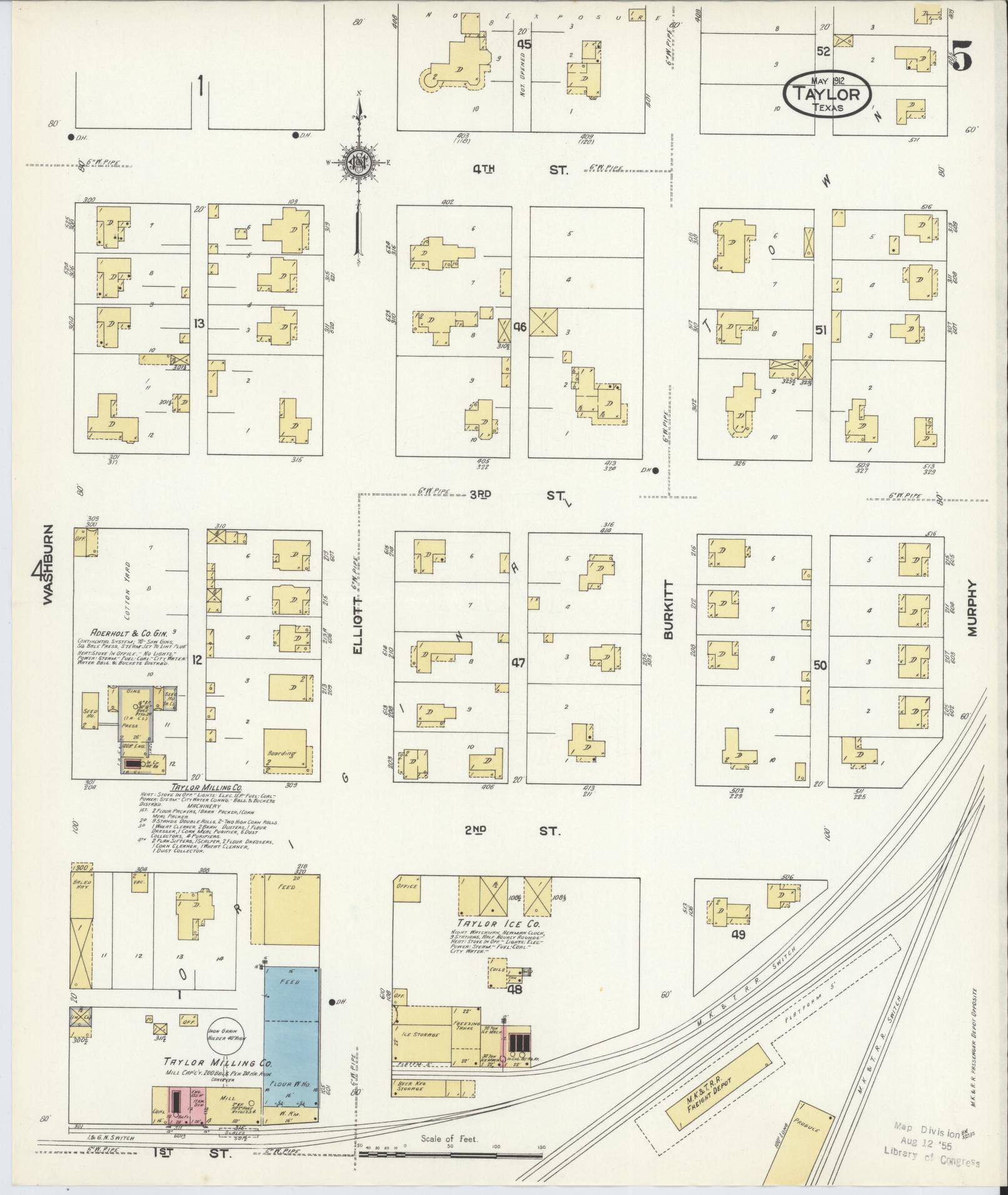Sanborn Fire Insurance Map from Taylor, Williamson County, Texas (1912), Sheet #0005 - Complete Map Set gallery image, historic Sanborn map, vintage wall art, Texas Texas