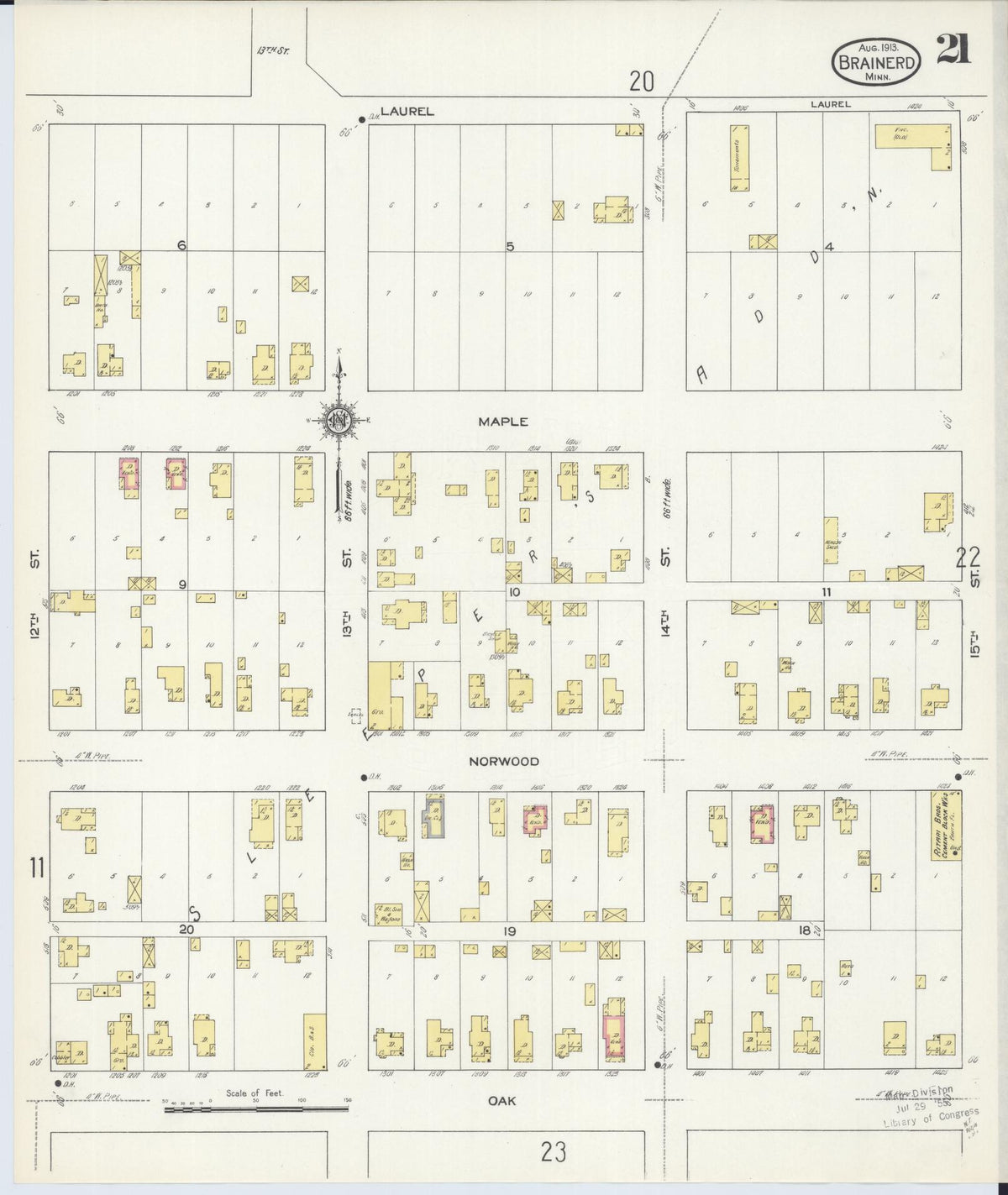 Sanborn Fire Insurance Map from Brainerd, Crow Wing County, Minnesota (1913), Sheet #0021 - Complete Map Set gallery image, historic Sanborn map, vintage wall art, Minnesota Minnesota
