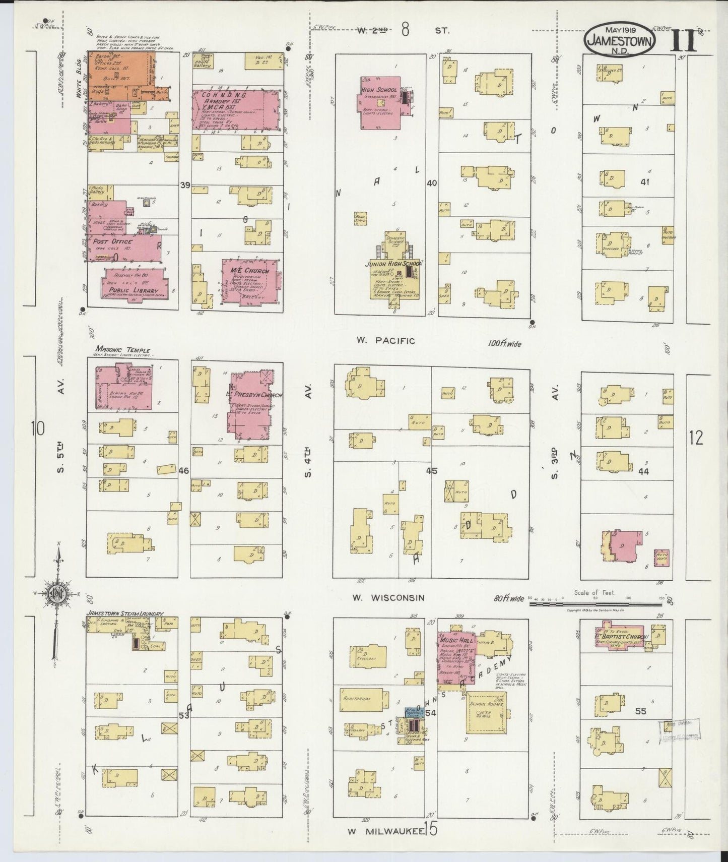 Sanborn Fire Insurance Map from Jamestown, Stutsman County, North Dakota (1919), Sheet #0011 - Historic Sanborn Fire Insurance Map Print, vintage old map wall art, antique decor, genealogy gift, North Dakota North Dakota map