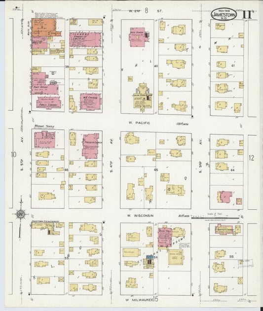 Sanborn Fire Insurance Map from Jamestown, Stutsman County, North Dakota (1919), Sheet #0011 - Historic Sanborn Fire Insurance Map Print, vintage old map wall art, antique decor, genealogy gift, North Dakota North Dakota map