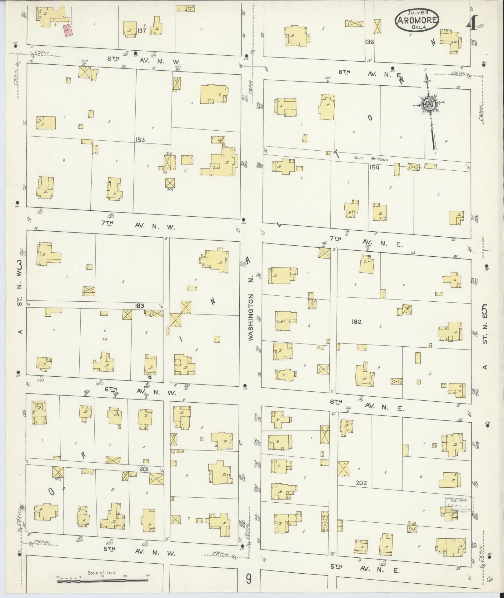 Sanborn Fire Insurance Map from Ardmore, Carter County, Oklahoma (1913), Sheet #0004 - Historic Sanborn Fire Insurance Map Print, vintage old map wall art, antique decor, genealogy gift, Oklahoma Oklahoma map