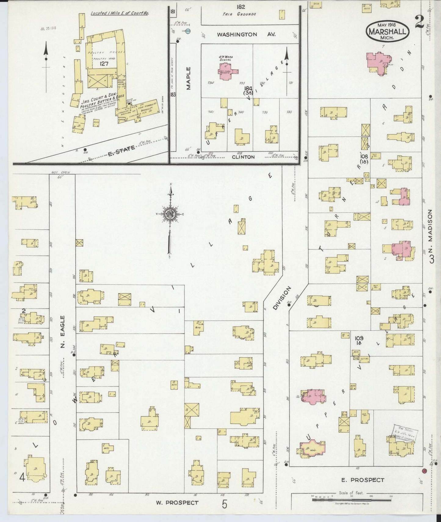 Sanborn Fire Insurance Map from Marshall, Calhoun County, Michigan (1916), Sheet #0002 - Historic Sanborn Fire Insurance Map Print, vintage old map wall art, antique decor, genealogy gift, Michigan Michigan map
