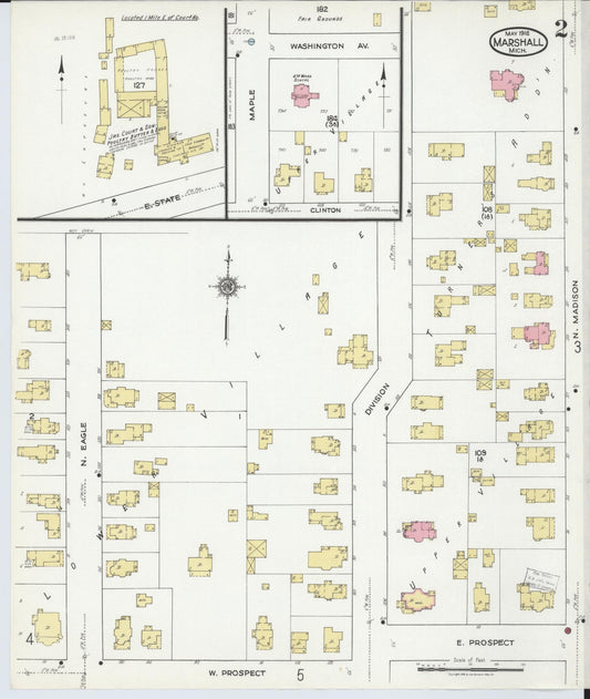 Sanborn Fire Insurance Map from Marshall, Calhoun County, Michigan (1916), Sheet #0002 - Historic Sanborn Fire Insurance Map Print, vintage old map wall art, antique decor, genealogy gift, Michigan Michigan map