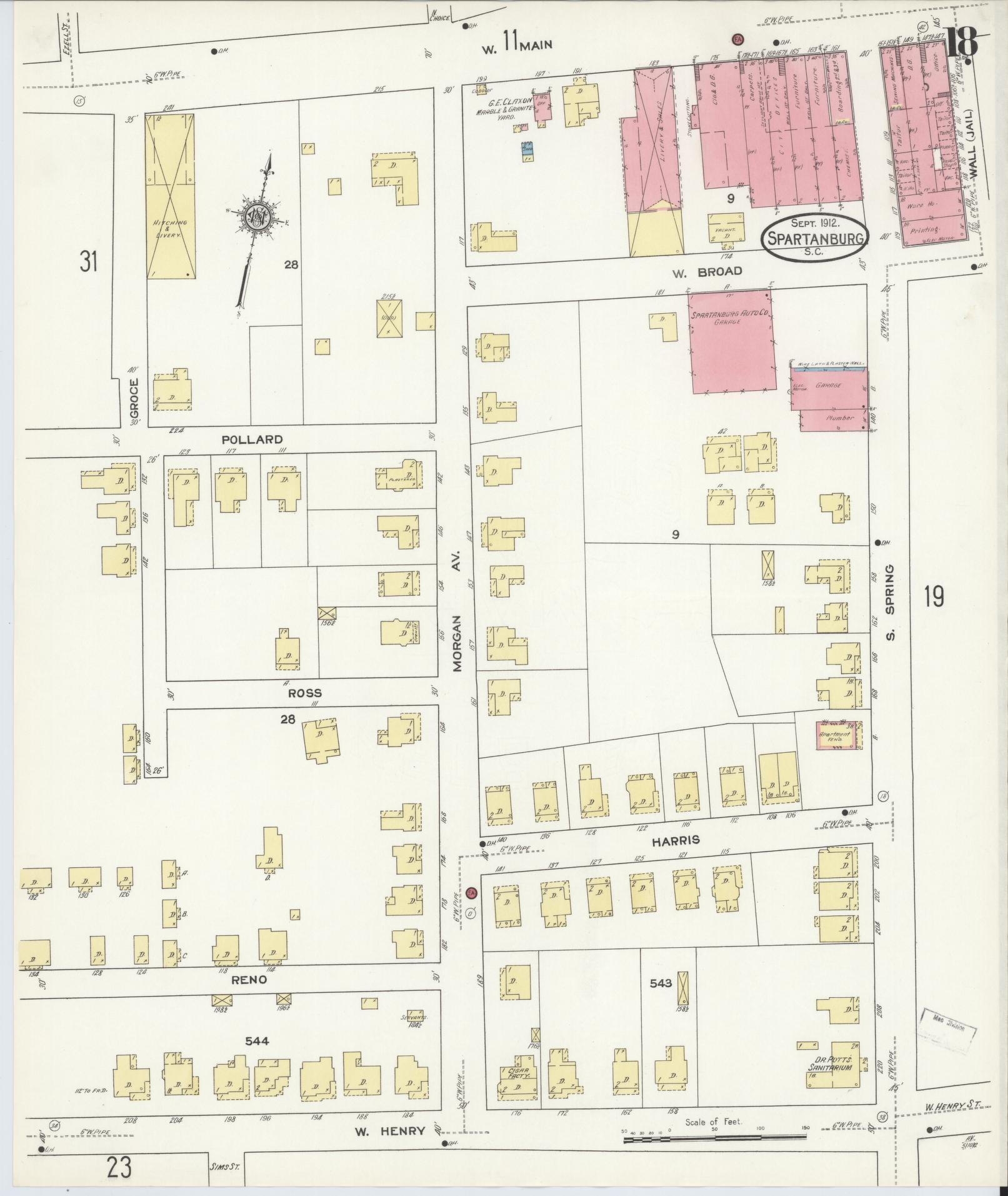 Sanborn Fire Insurance Map from Spartanburg, Spartanburg County, South Carolina (1912), Sheet #0018 - Complete Map Set gallery image, historic Sanborn map, vintage wall art, South Carolina South Carolina